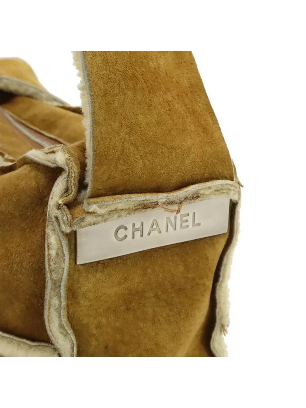 Chanel CC Logo Shoulder Bag Crossbody Shearling Brown Silver